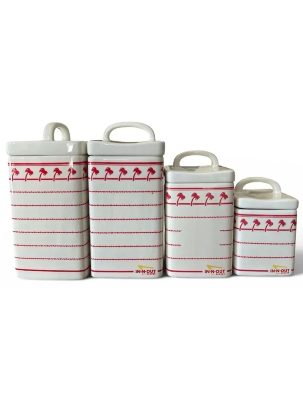 In-N-Out Burger Ceramic Canister Set of 4 With Lids Red White Palm Tree Design
